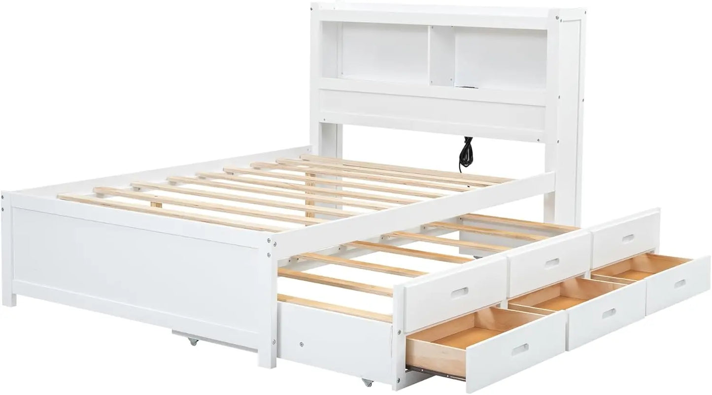 Full Platform Bed with Twin Size Trundle,Bookcase Headboard,Charging Station and 3 Drawers,Wood Full Storage Bed Frame for Kids