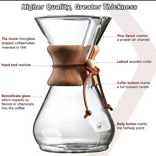 Chemex Coffee Hand Brewed Coffee Glass kettle 400ml/600ml/800ml Drip Wooden Collar Coffee Brew Kettle Coffee maker