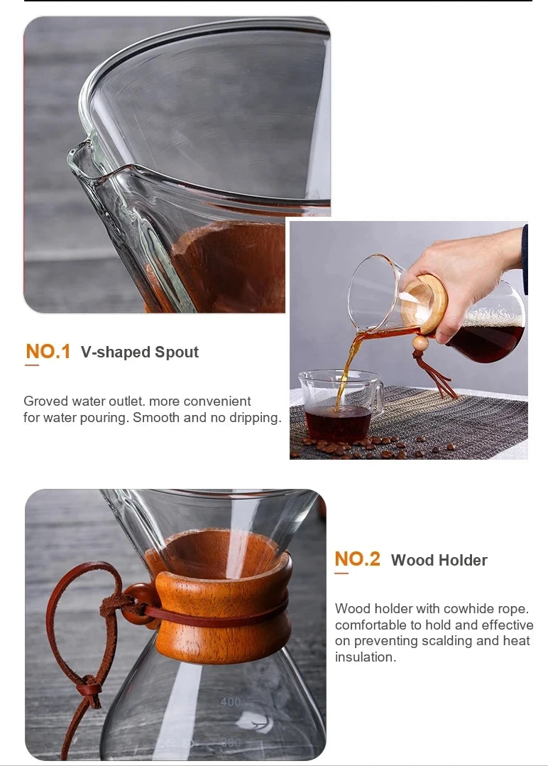 Chemex Coffee Hand Brewed Coffee Glass kettle 400ml/600ml/800ml Drip Wooden Collar Coffee Brew Kettle Coffee maker