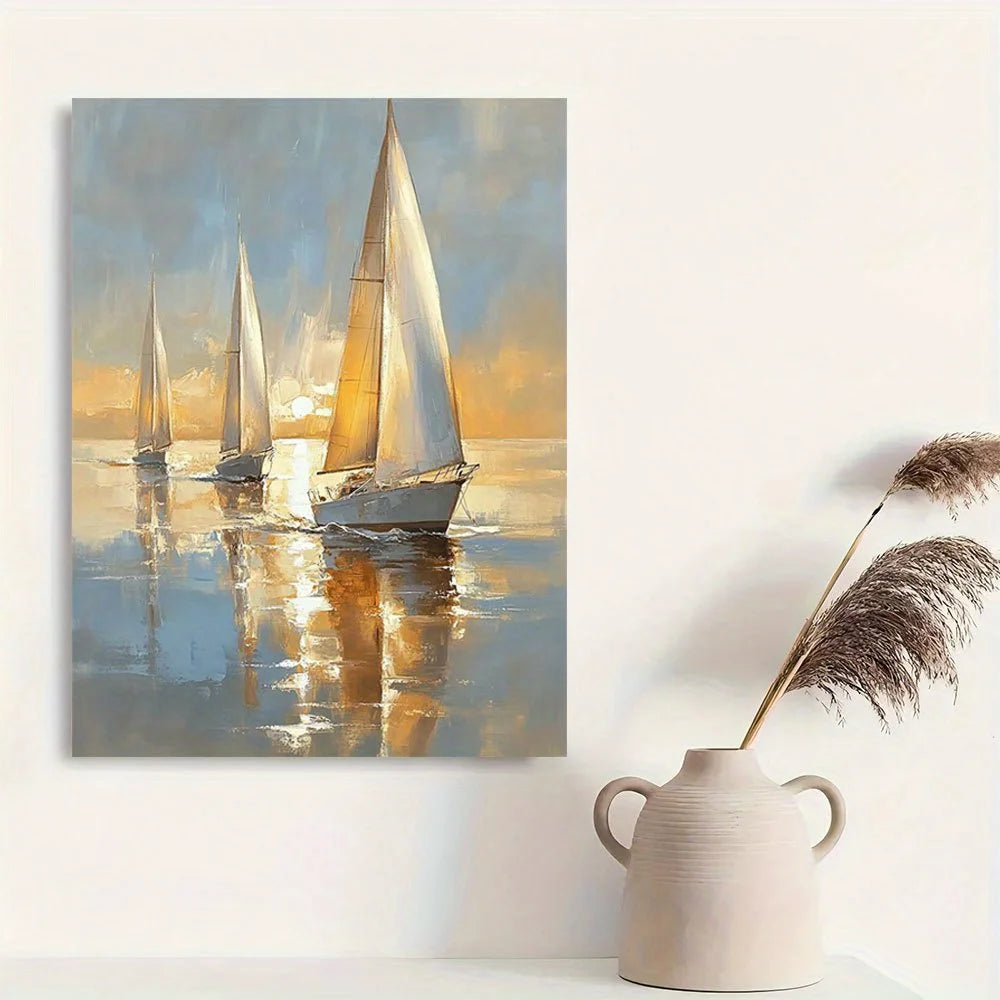 Charming sailing boat at sea - soft pastel canvas art, framed in wood, suitable for home decor and gifts