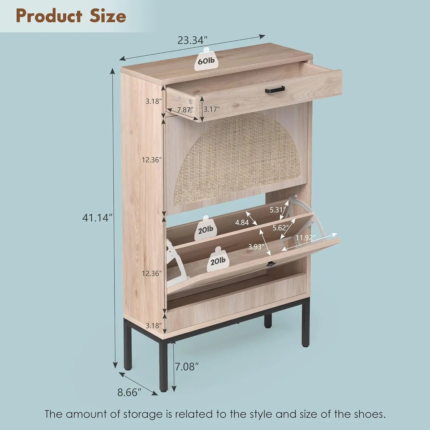 Shoe Cabinet, Shoe Rack Storage Organizer with 2 Flip Drawers, Natural Rattan Weave Shoe Storage Cabinet for Sneakers, Sl