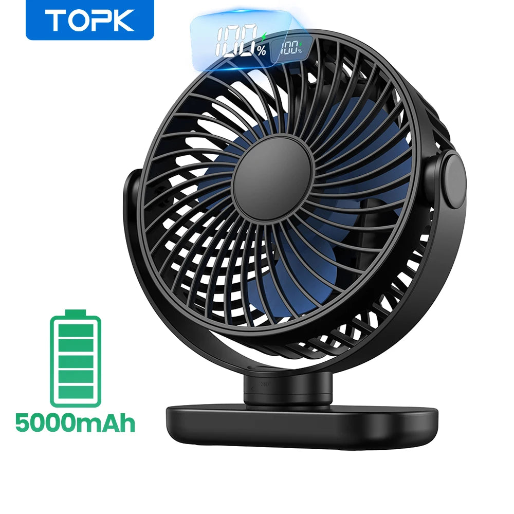 TOPK K60C 5000mAh Portable Mini Fan,Standing Fans for room,LED Display 360°Rotation Quiet Personal Desk Electric Fan for Camping