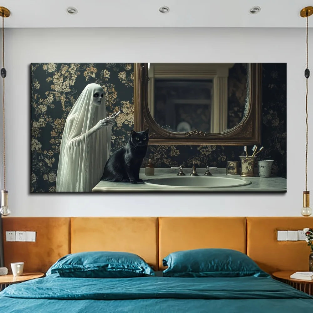 1.5 inch thick pine solid wood frame, Halloween ghost canvas mural, ghost black cat on toilet, bathroom gallery home decor