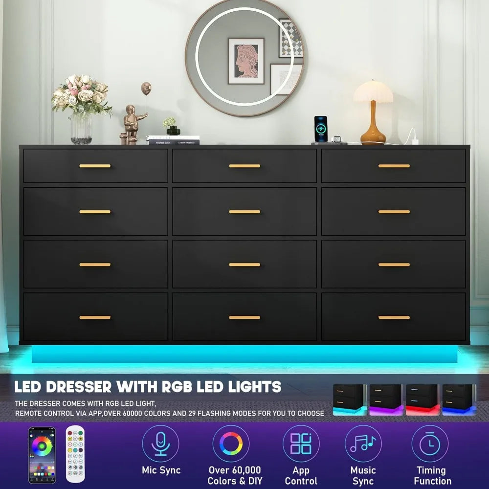 12 Drawers Dresser w/Power Outlet,60000-Colors Lights,63In Long Dresser Chest for Bedroom,Wooden Tall  Storage Cabinet