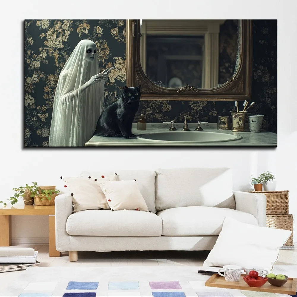 1.5 inch thick pine solid wood frame, Halloween ghost canvas mural, ghost black cat on toilet, bathroom gallery home decor