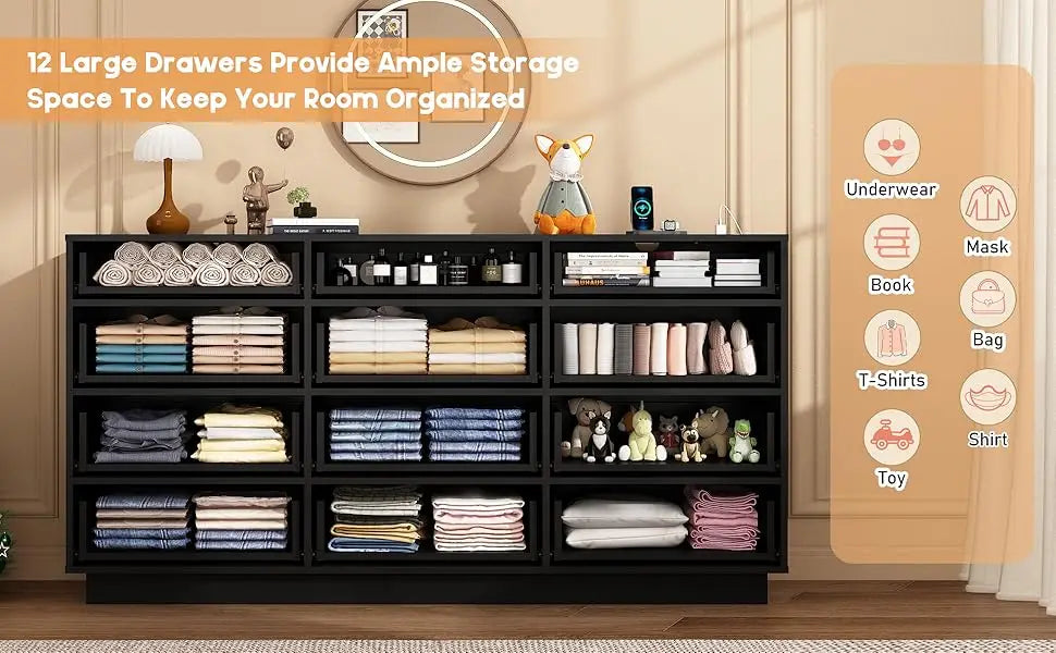 12 Drawers Dresser w/Power Outlet,60000-Colors Lights,63In Long Dresser Chest for Bedroom,Wooden Tall  Storage Cabinet