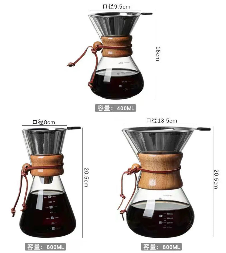 Chemex Coffee Hand Brewed Coffee Glass kettle 400ml/600ml/800ml Drip Wooden Collar Coffee Brew Kettle Coffee maker