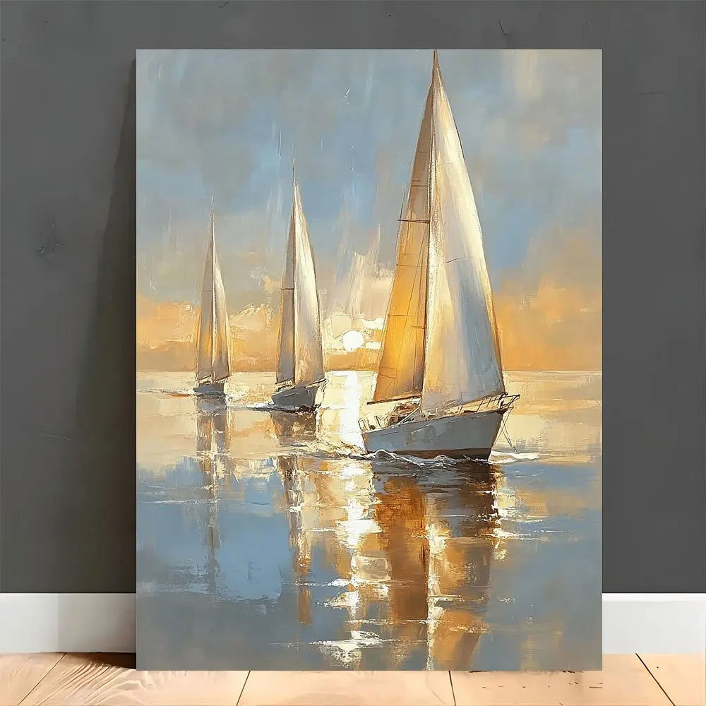 Charming sailing boat at sea - soft pastel canvas art, framed in wood, suitable for home decor and gifts