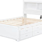 Full Platform Bed with Twin Size Trundle,Bookcase Headboard,Charging Station and 3 Drawers,Wood Full Storage Bed Frame for Kids