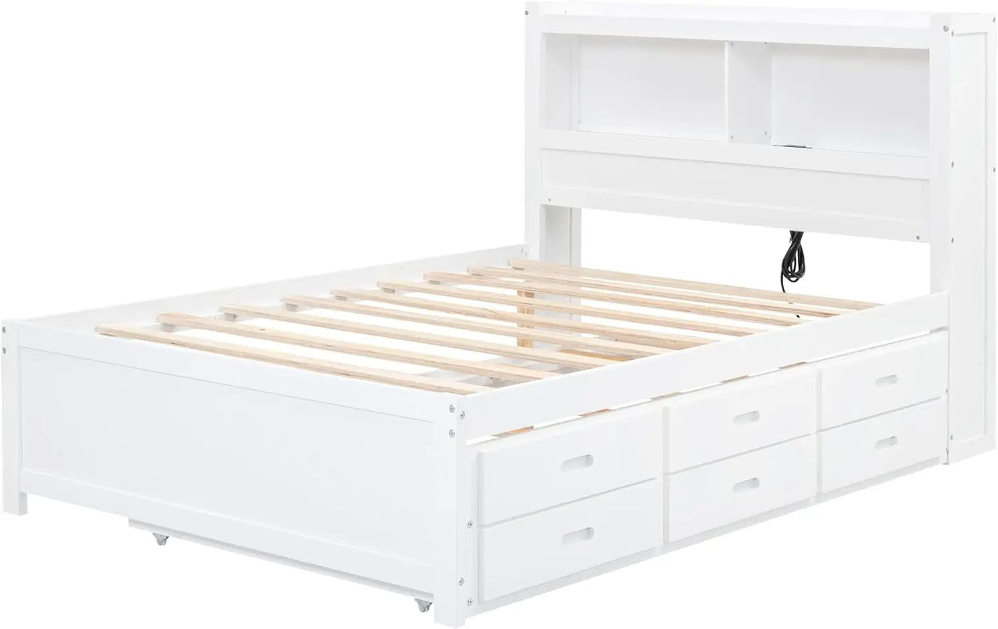 Full Platform Bed with Twin Size Trundle,Bookcase Headboard,Charging Station and 3 Drawers,Wood Full Storage Bed Frame for Kids