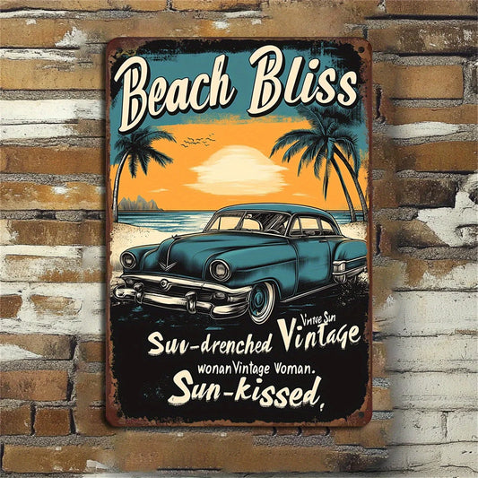 Beach Bliss Vintage Metal Iron Sign - Vintage Sunset Palm Design, Iron Wall Art for Garage, Bar, Home Decor, Measures 8x12 Inch