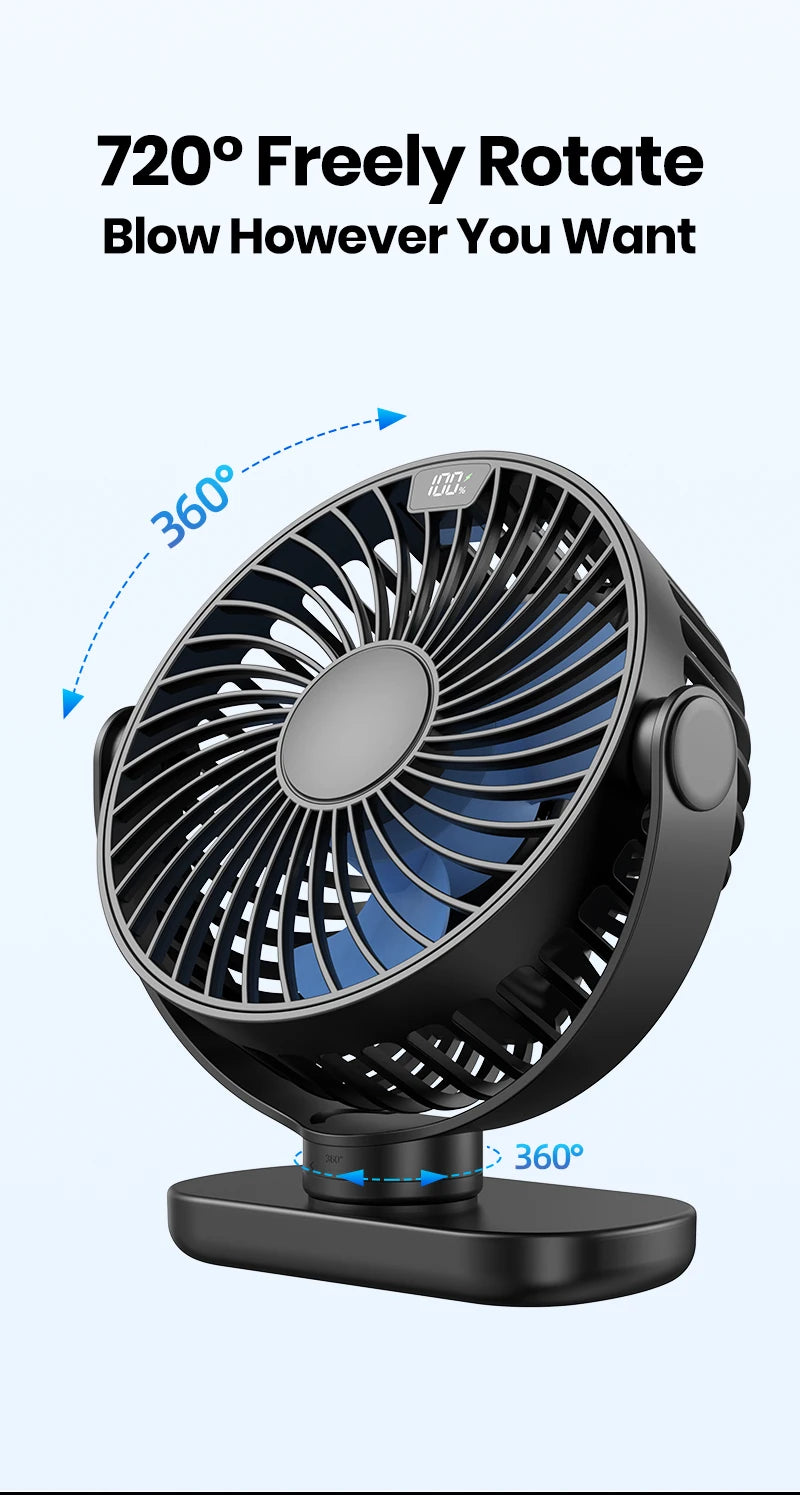 TOPK K60C 5000mAh Portable Mini Fan,Standing Fans for room,LED Display 360°Rotation Quiet Personal Desk Electric Fan for Camping