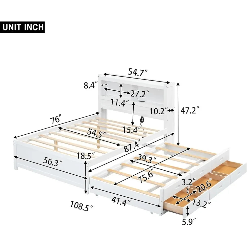 Full Platform Bed with Twin Size Trundle,Bookcase Headboard,Charging Station and 3 Drawers,Wood Full Storage Bed Frame for Kids