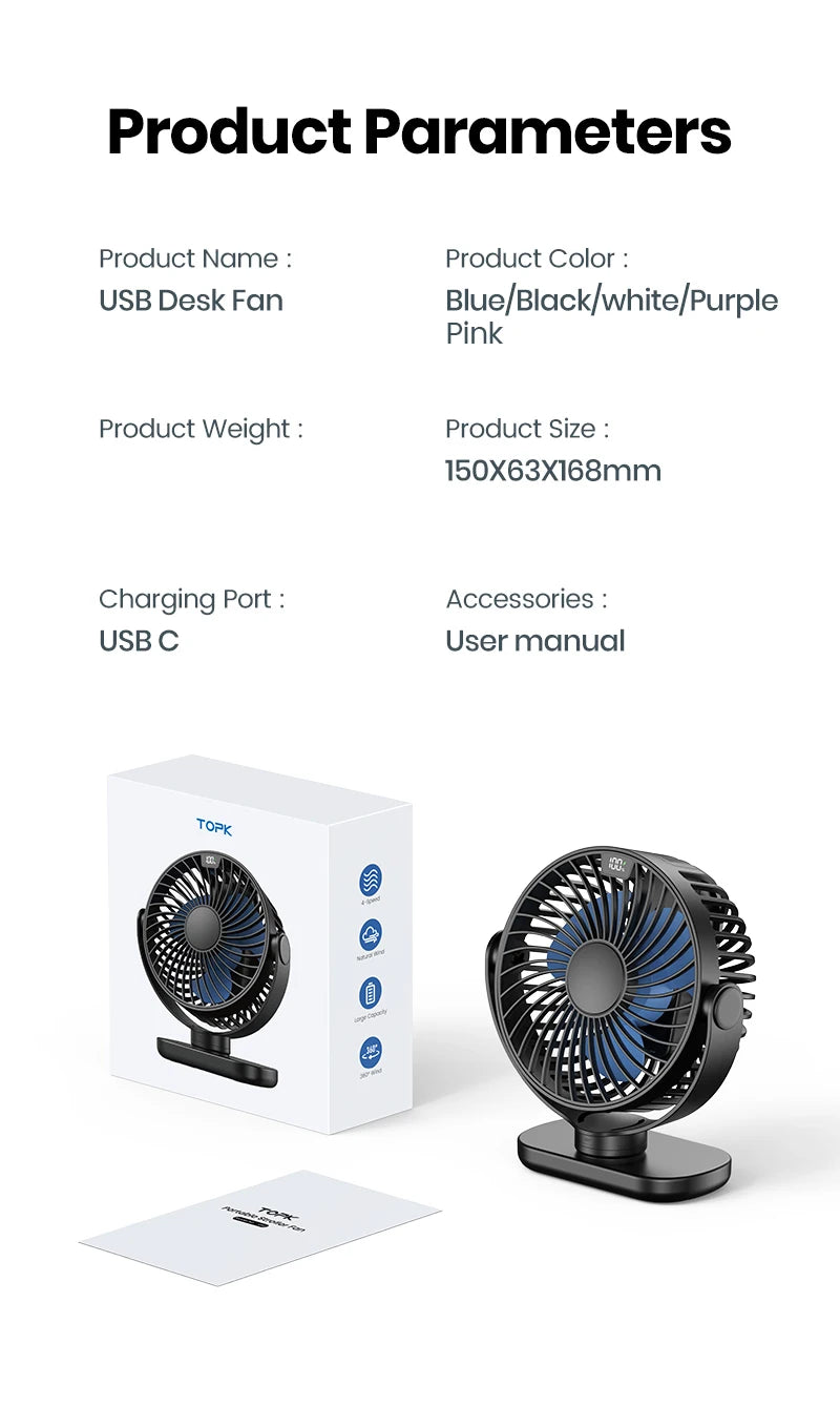 TOPK K60C 5000mAh Portable Mini Fan,Standing Fans for room,LED Display 360°Rotation Quiet Personal Desk Electric Fan for Camping