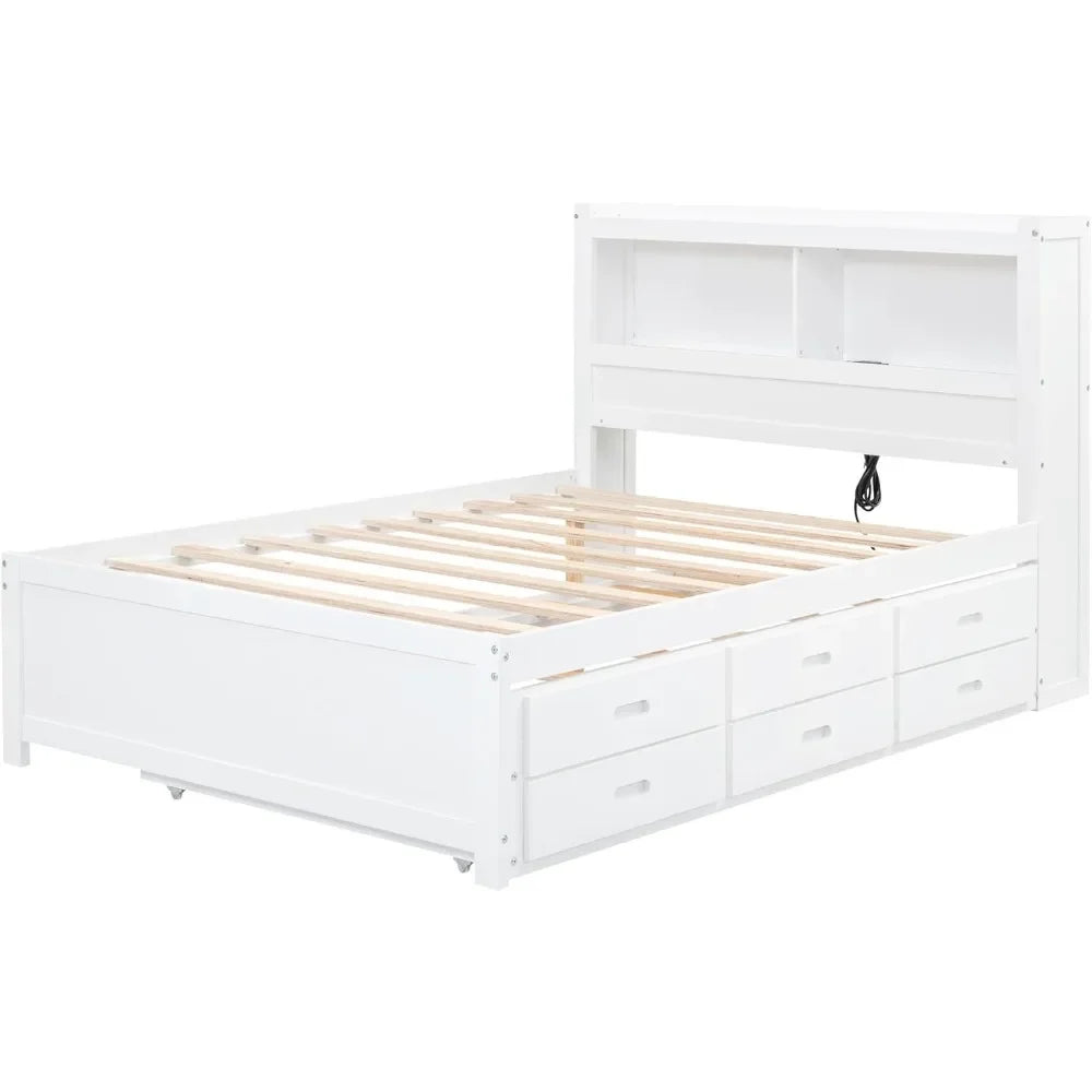 Full Platform Bed with Twin Size Trundle,Bookcase Headboard,Charging Station and 3 Drawers,Wood Full Storage Bed Frame for Kids