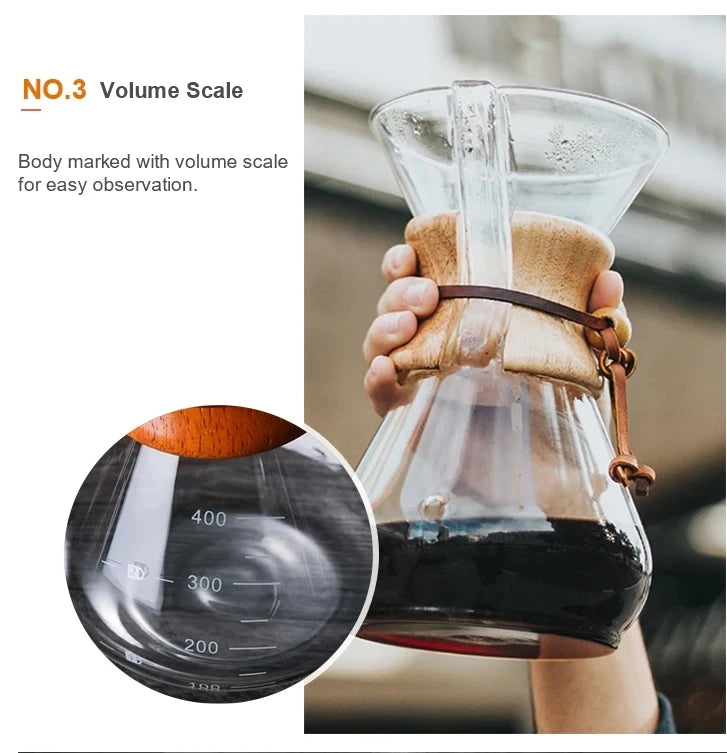 Chemex Coffee Hand Brewed Coffee Glass kettle 400ml/600ml/800ml Drip Wooden Collar Coffee Brew Kettle Coffee maker