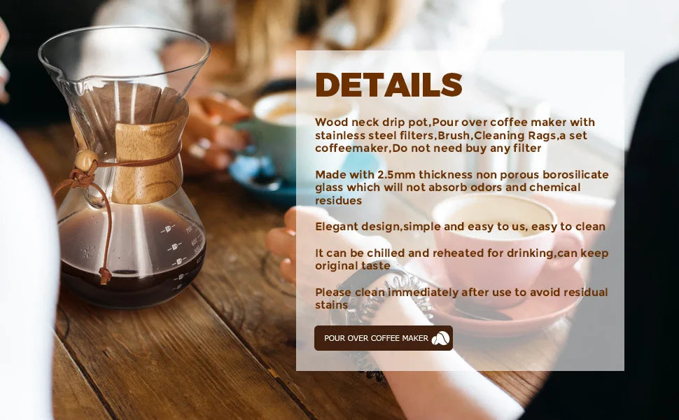 Chemex Coffee Hand Brewed Coffee Glass kettle 400ml/600ml/800ml Drip Wooden Collar Coffee Brew Kettle Coffee maker