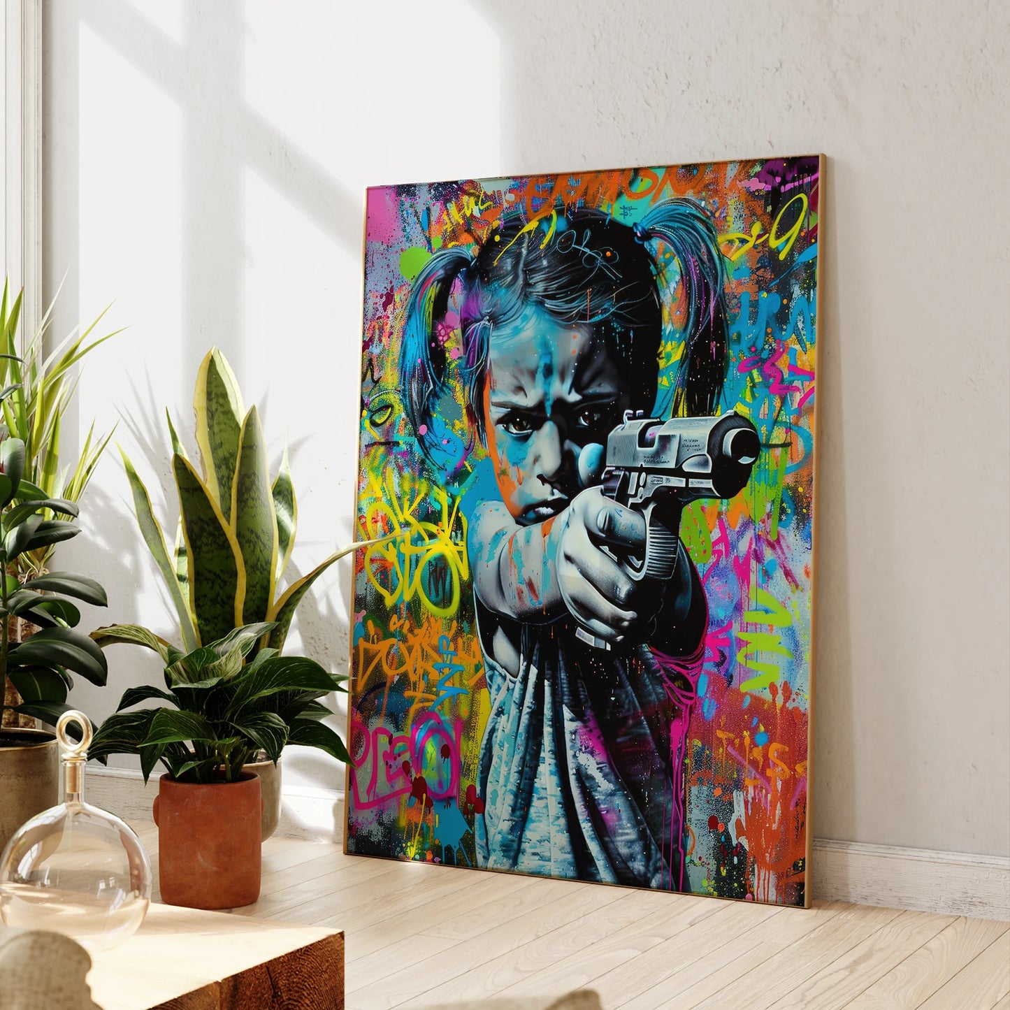 Modern Abstract Girl With Gun Graffiti Draw Wall Art Prints Canvas Painting Poster Picture For Living Room Home Decor