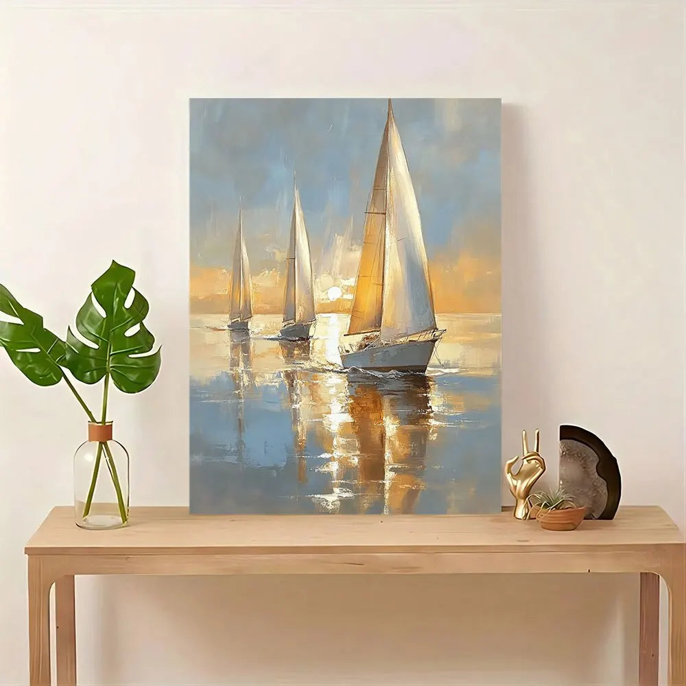 Charming sailing boat at sea - soft pastel canvas art, framed in wood, suitable for home decor and gifts