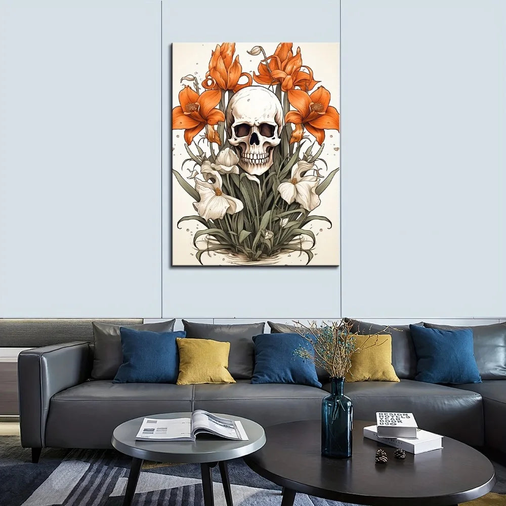 1.5 inch solid wood frame, scary skull vines and flowers, perfect for bedroom, home decor